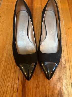 Salvatore Ferragamo Black Suede Flats with Patent Pointed Toe